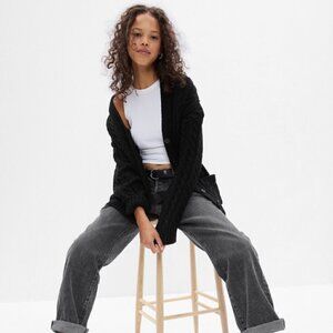 Gap Recycled Cable-Knit Pointelle Button Up Cardigan Sweater Black
